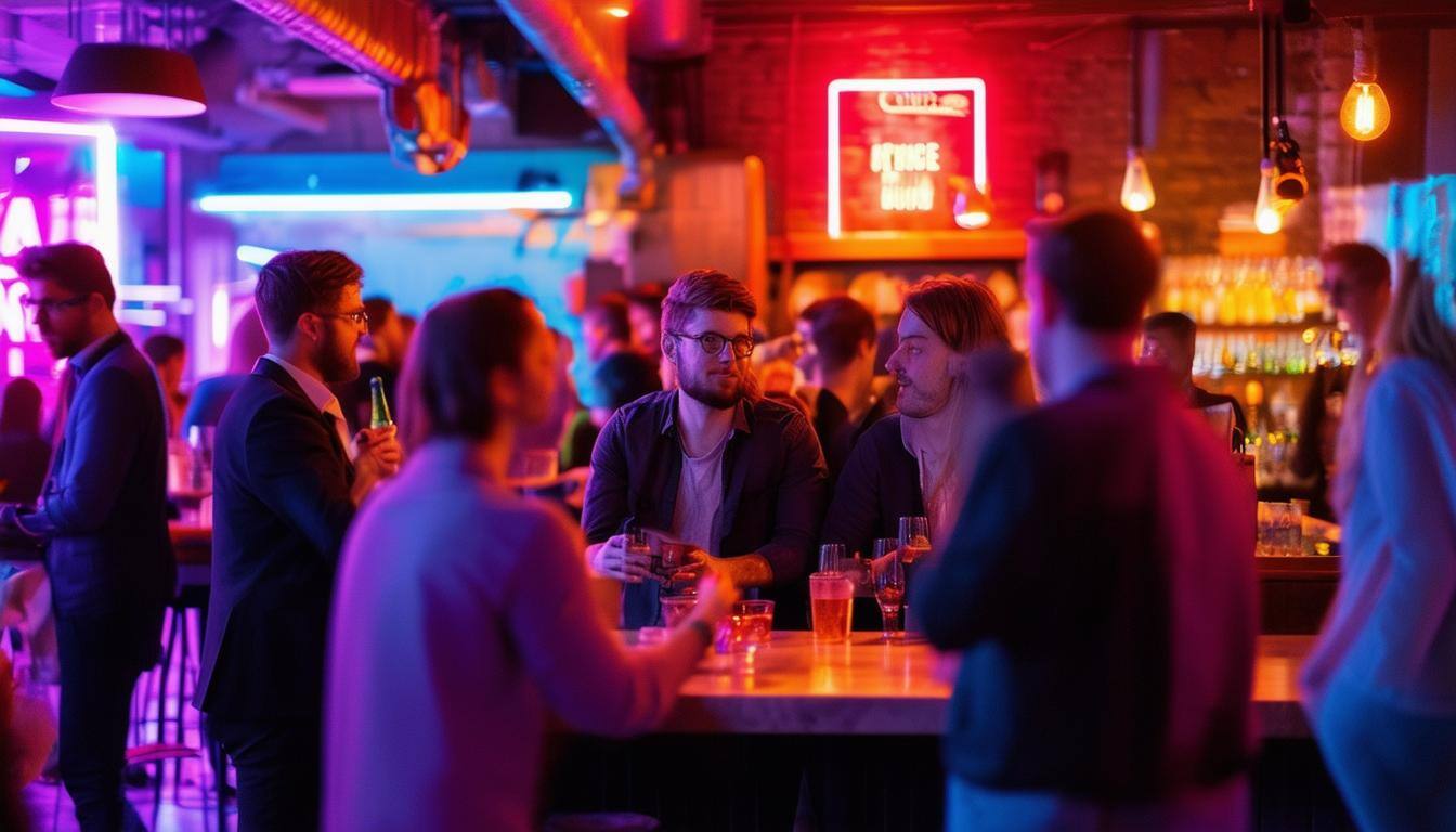 Gen z 2030 somethings who work in the hospitality as managers and GMs and ops managers hanging out together from different companies, socially and lea