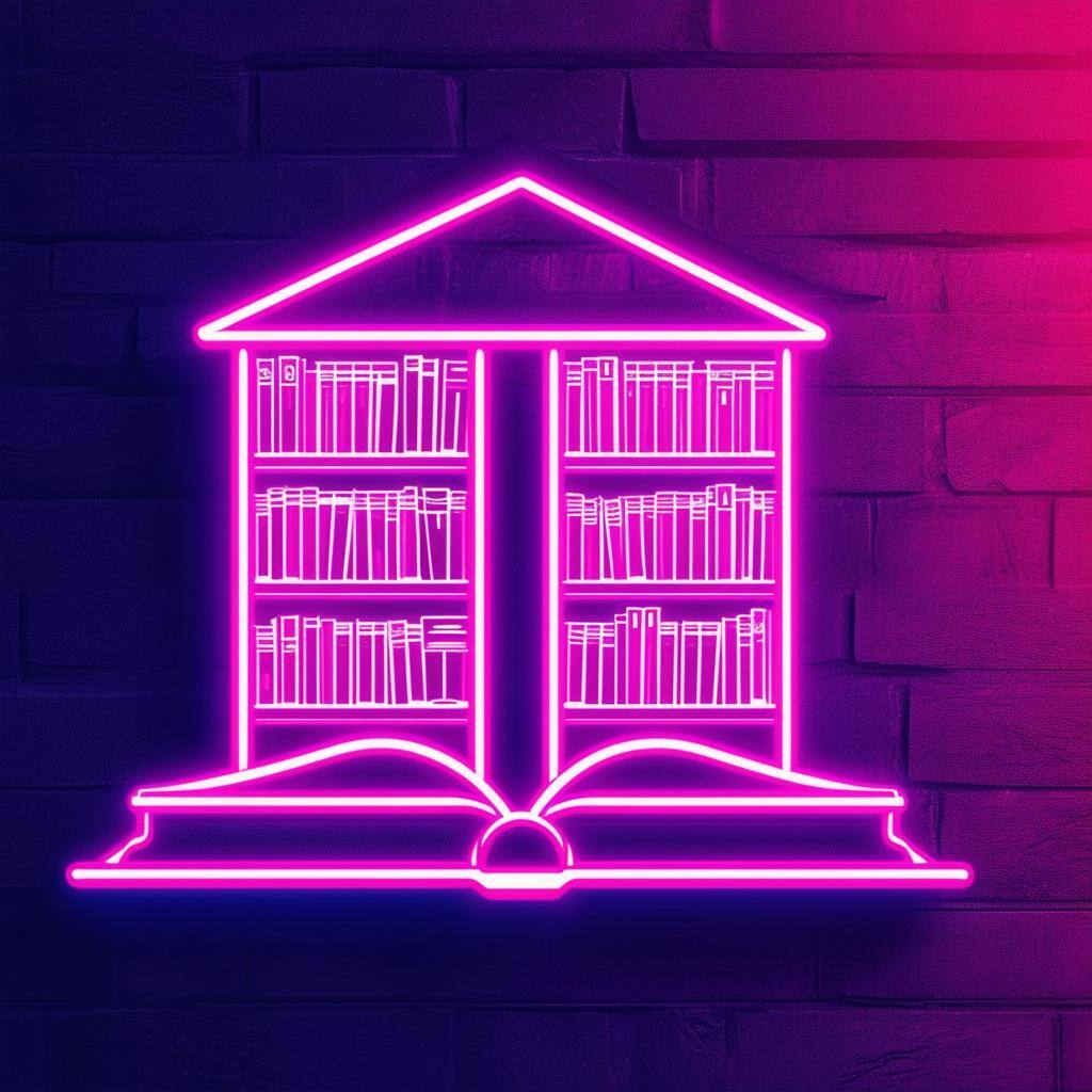 a neon future library icon showing building and books a neon future library icon showing building and books
