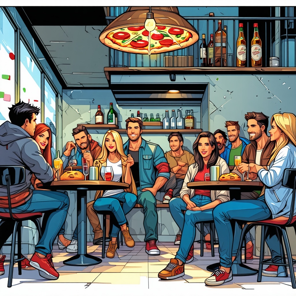 group of people men women and many different types of people sitting downstairs in a pizza restaurant talking about hospitality and tech-1